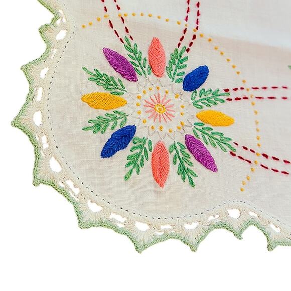 Vintage 40"x17" Hand-Embroidered Floral Boho Tablecloth Runner w/Crochet Trim - Picture 9 of 11